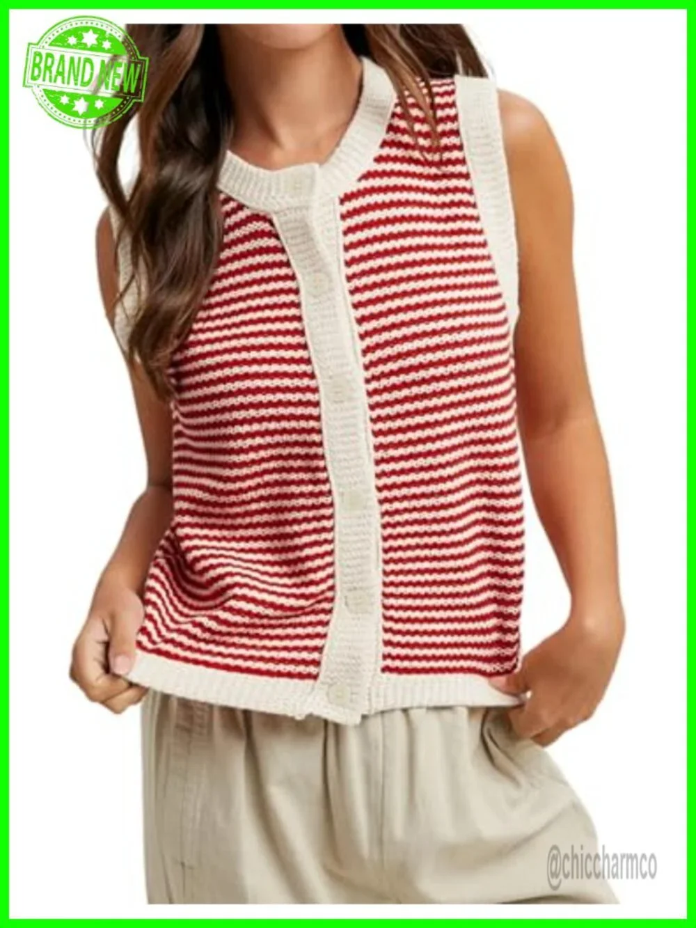 100% Cotton Sleeveless Striped Knit Sweater Vest Button Down Tunic Top